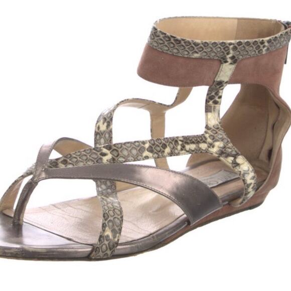 Jimmy Choo Flat Sandals Pewter Leather Animal Print Strappy Flat Shoe EU 39.5 - Picture 7 of 7